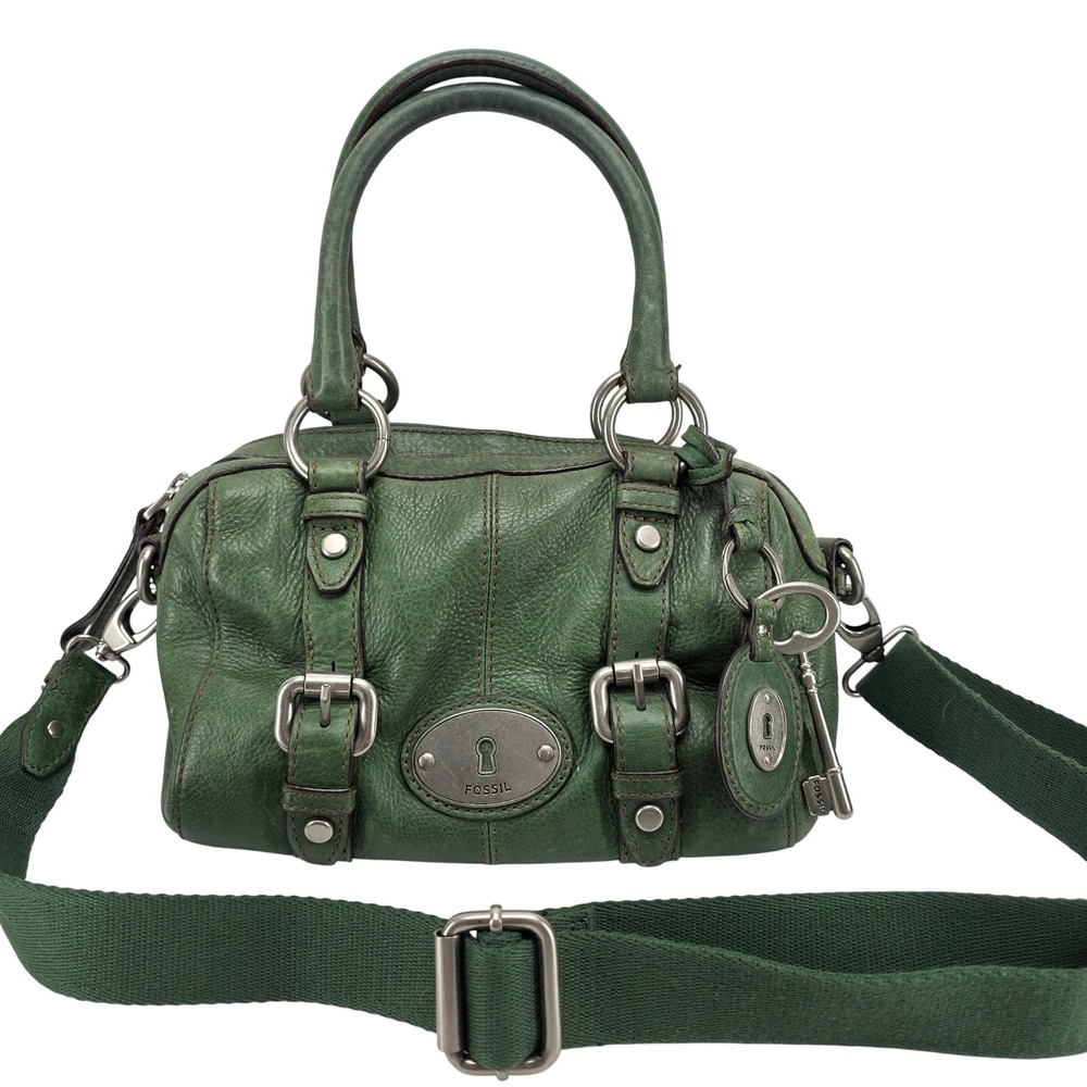 Vintage Fossil Maddox Bag Satchel Crossbody Green Leather Buckle Charm Key Lock